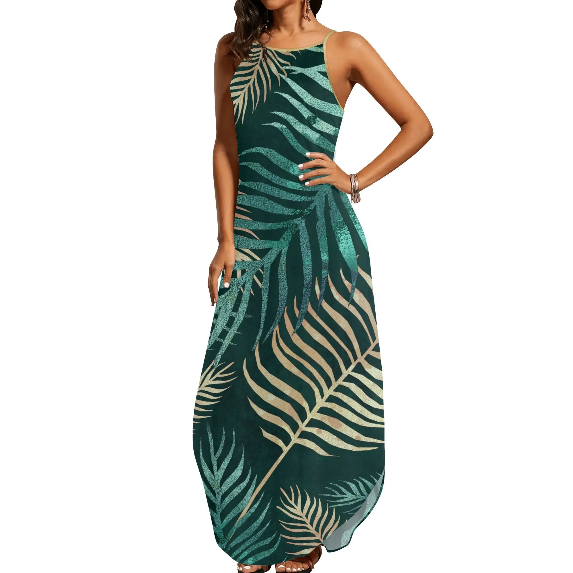 Women's Two-tone Palm Leaves Island Vibes Spaghetti Strap Long Sundress