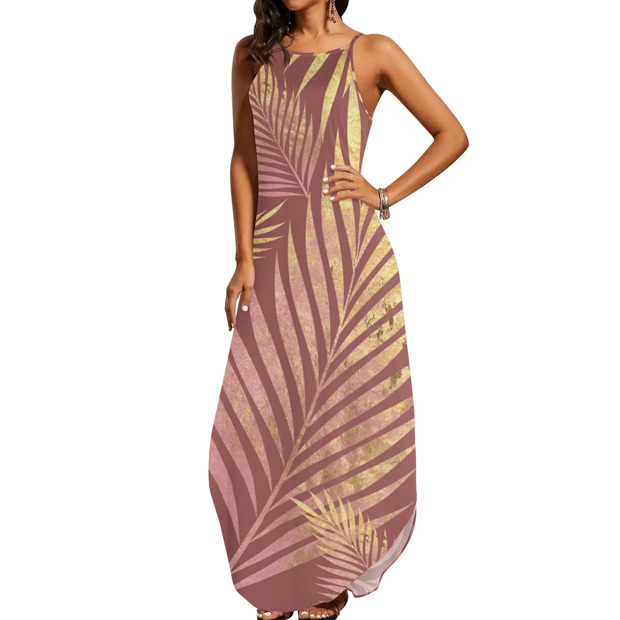 Women's Two-tone Palm Leaves Island Vibes Spaghetti Strap Long Sundress