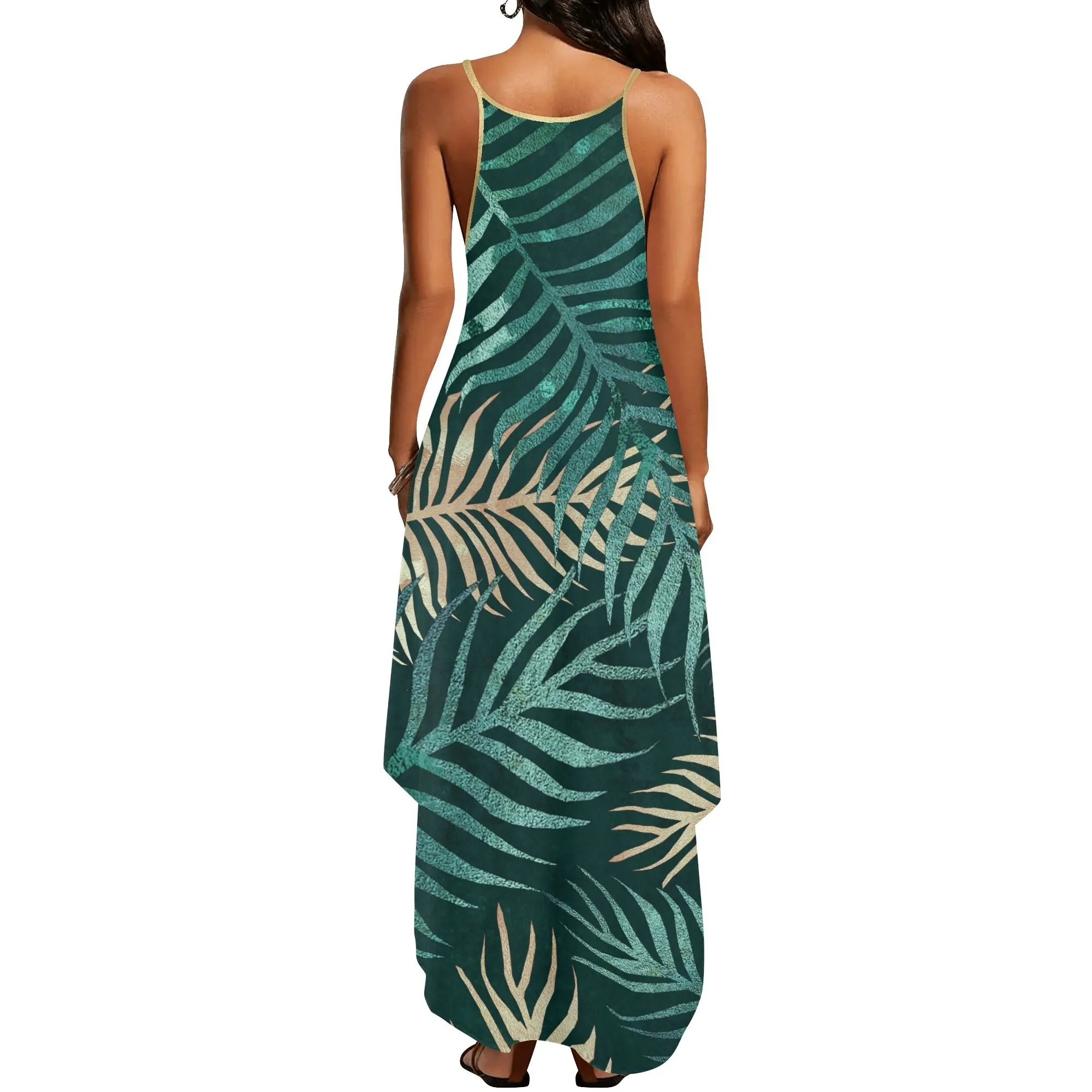 Women's Two-tone Palm Leaves Island Vibes Spaghetti Strap Long Sundress