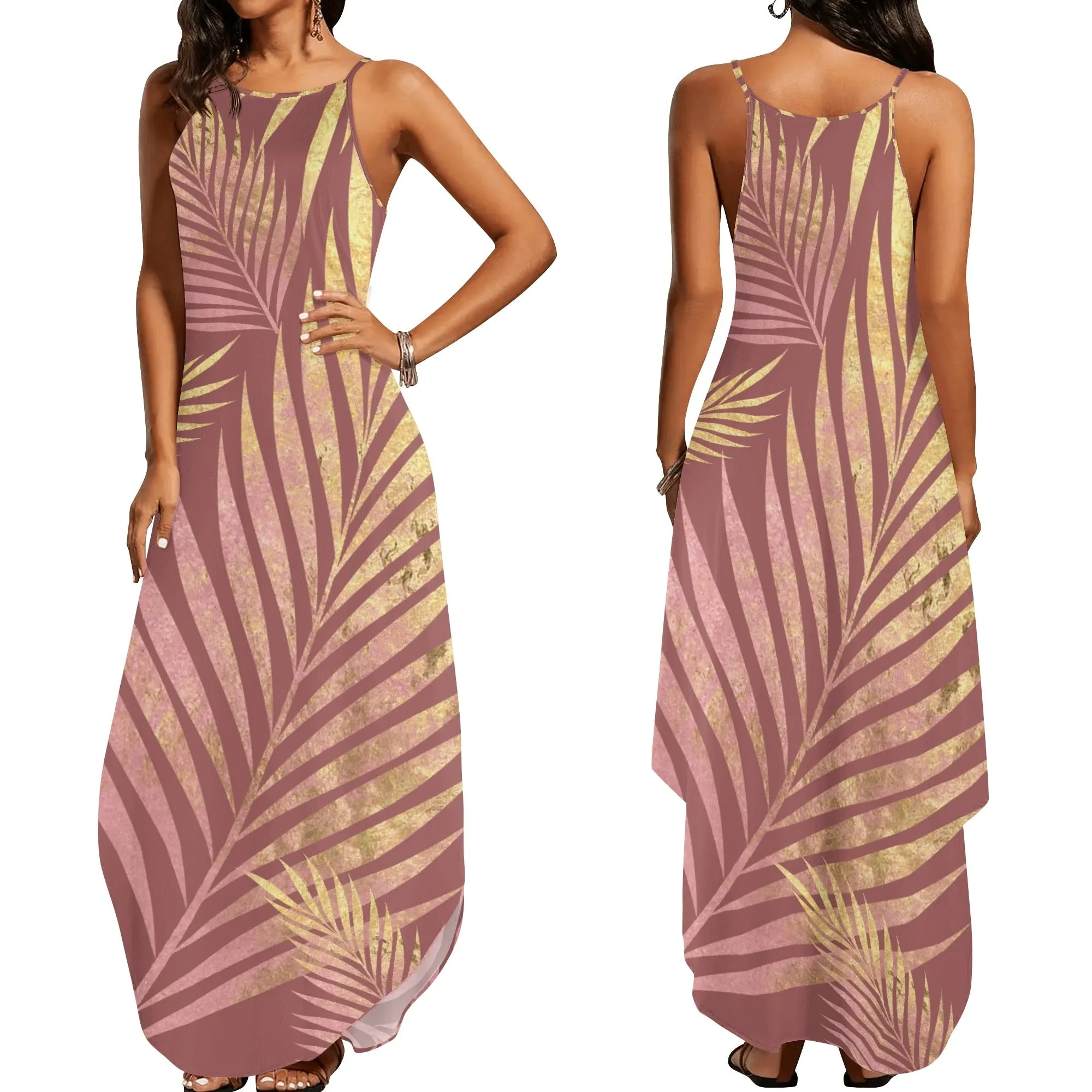 Women's Two-tone Palm Leaves Island Vibes Spaghetti Strap Long Sundress