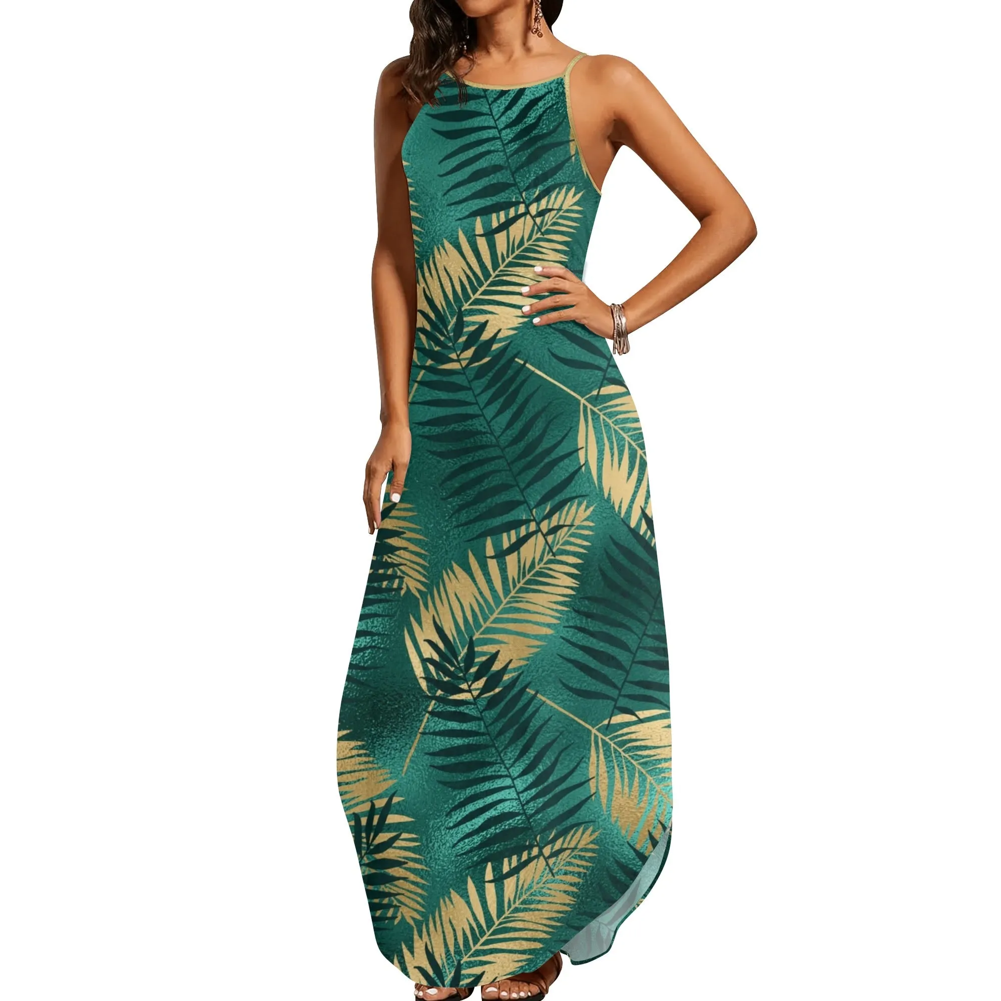 Women's Two-tone Palm Leaves Island Vibes Spaghetti Strap Long Sundress