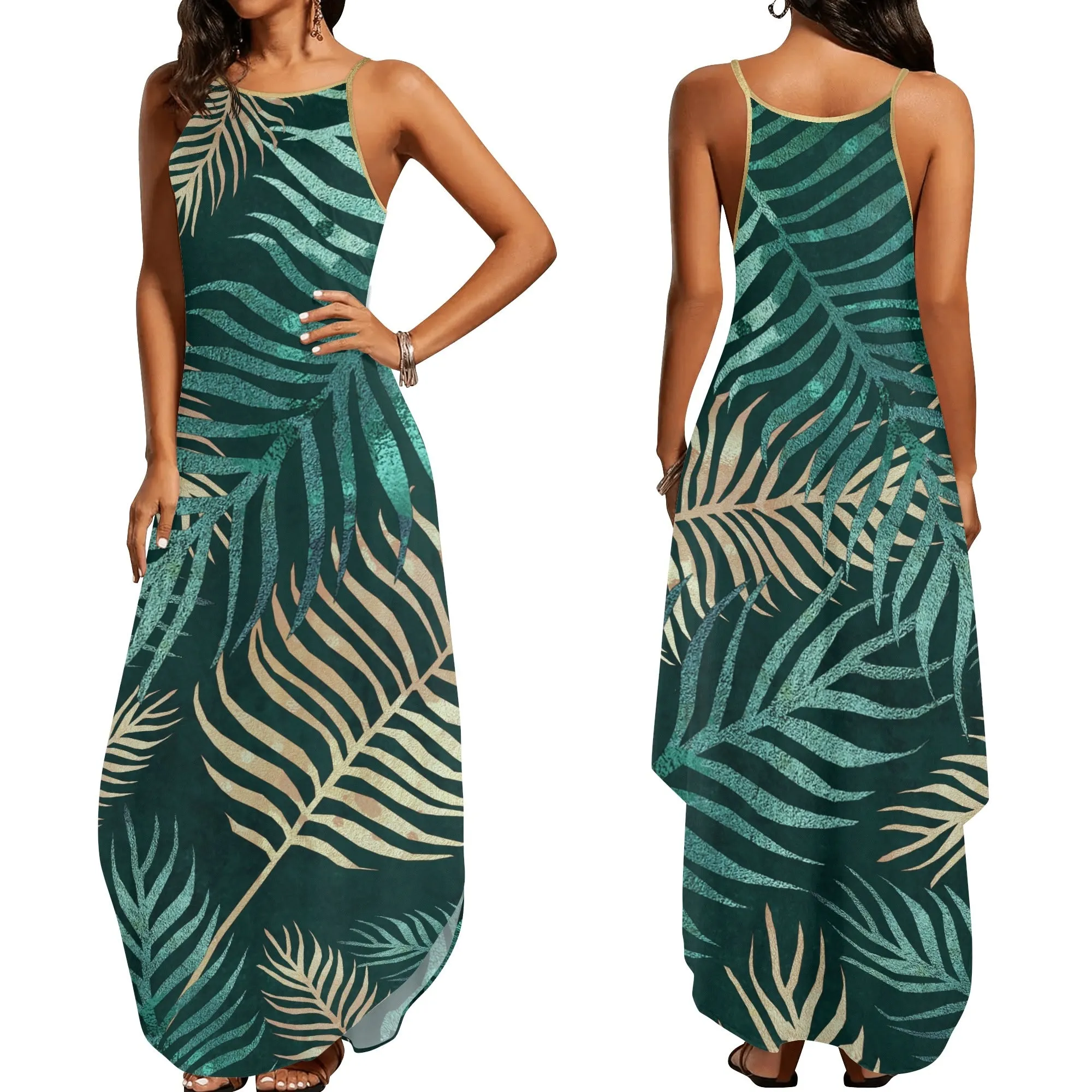 Women's Two-tone Palm Leaves Island Vibes Spaghetti Strap Long Sundress