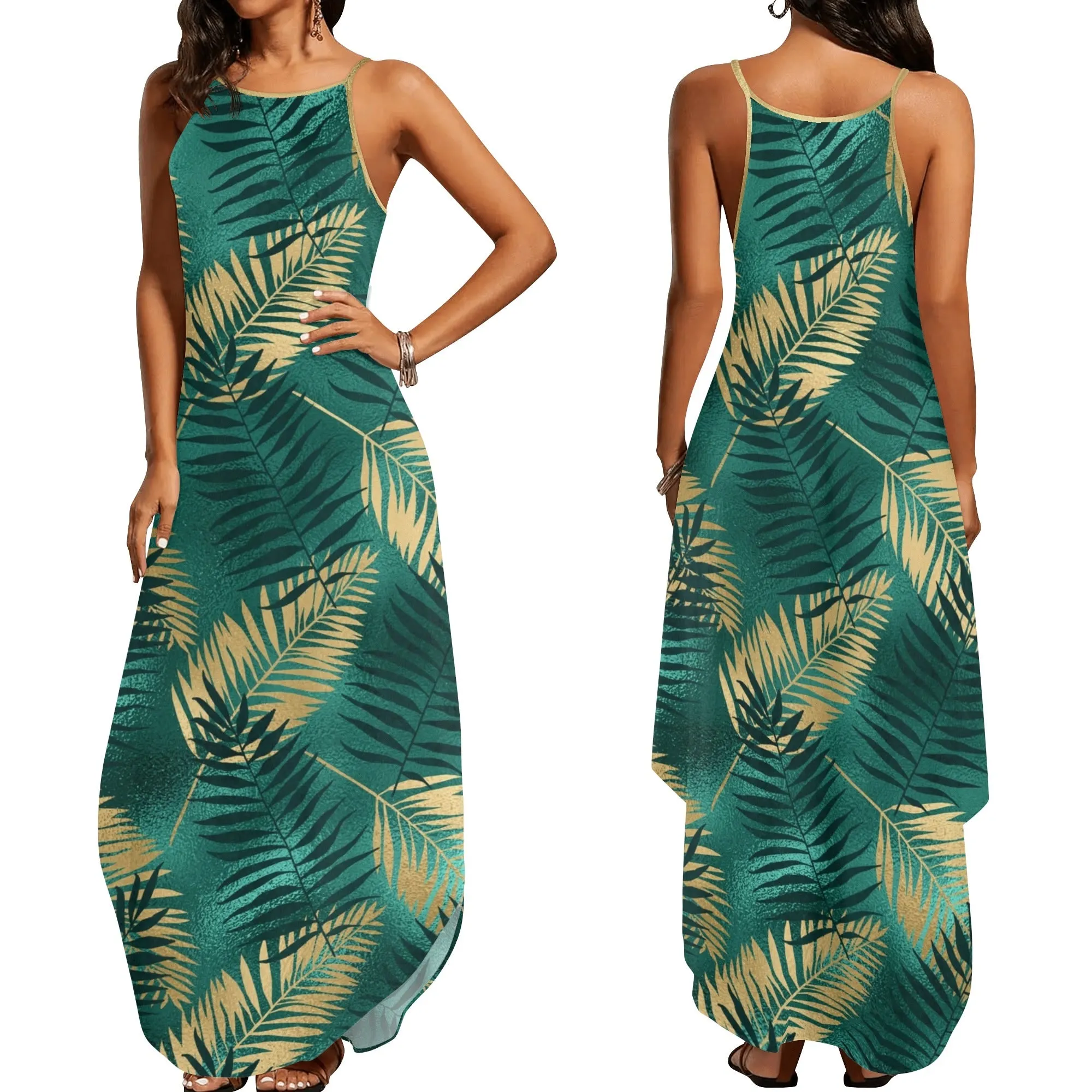 Women's Two-tone Palm Leaves Island Vibes Spaghetti Strap Long Sundress
