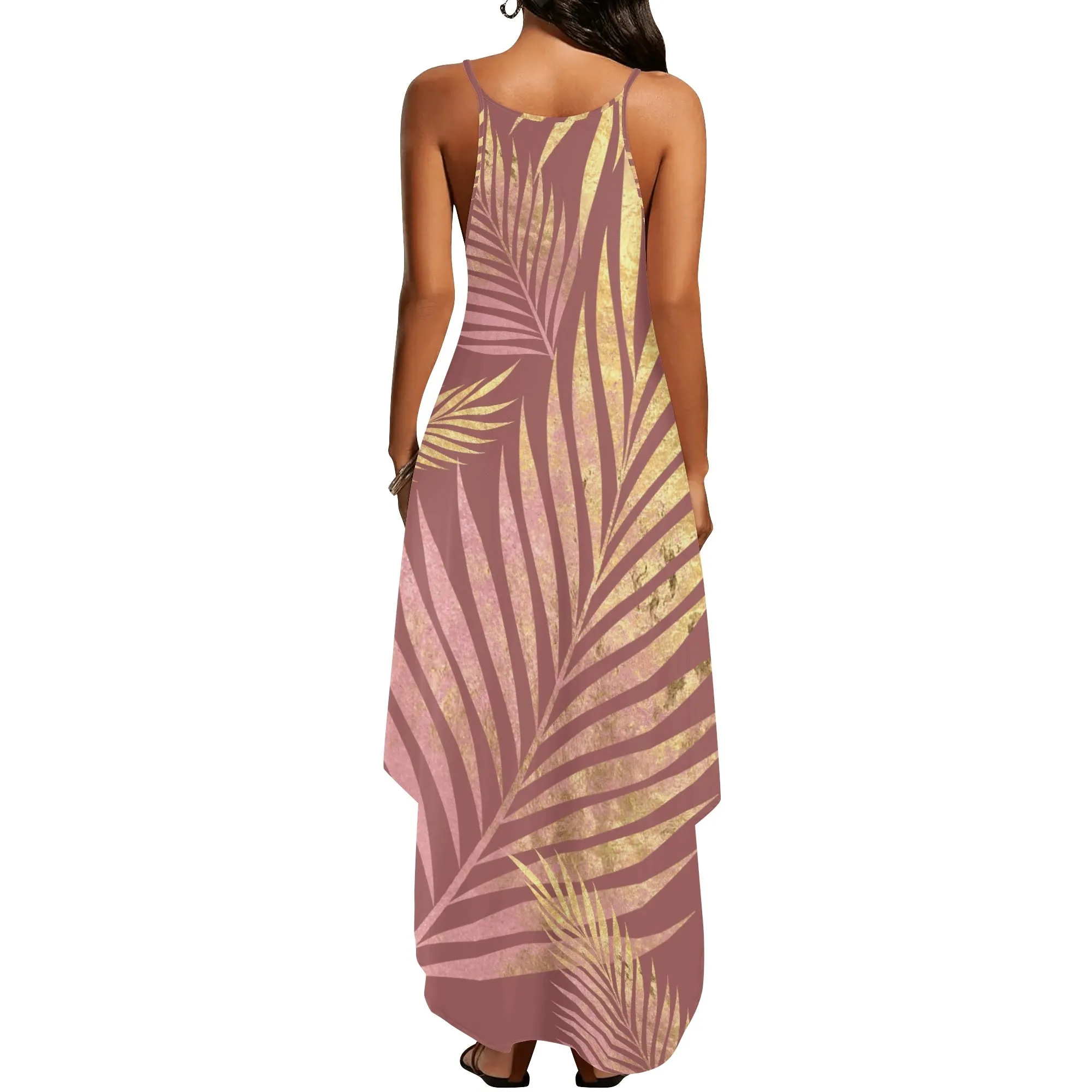Women's Two-tone Palm Leaves Island Vibes Spaghetti Strap Long Sundress