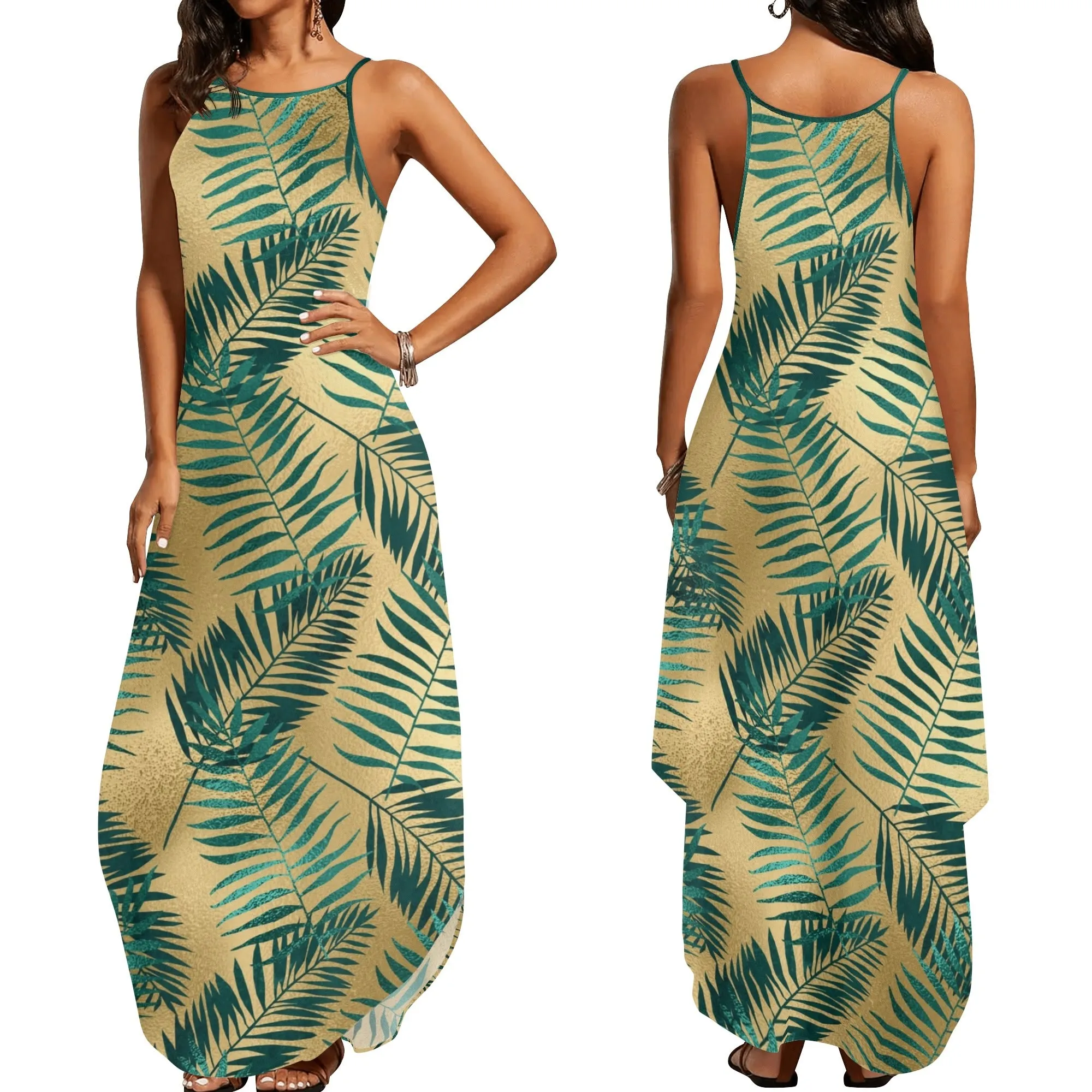 Women's Two-tone Palm Leaves Island Vibes Spaghetti Strap Long Sundress