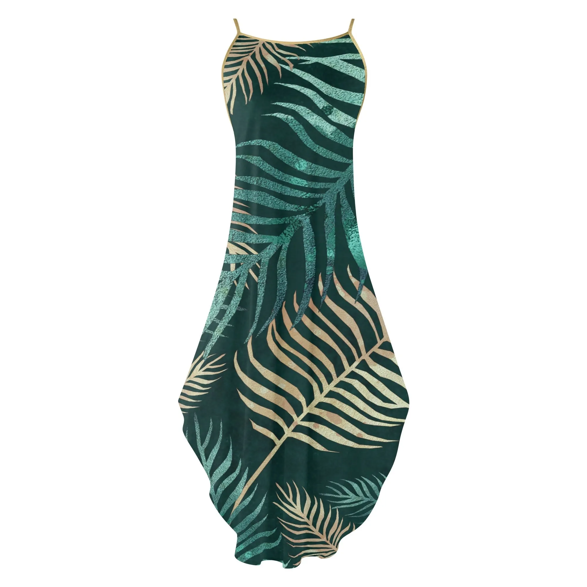 Women's Two-tone Palm Leaves Island Vibes Spaghetti Strap Long Sundress