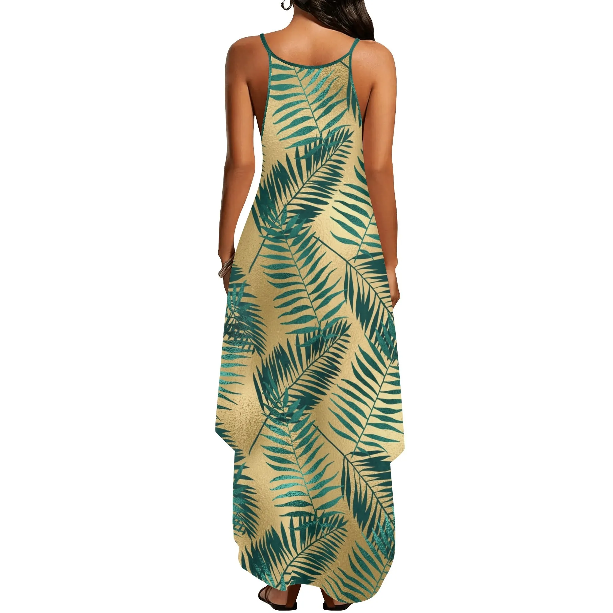 Women's Two-tone Palm Leaves Island Vibes Spaghetti Strap Long Sundress