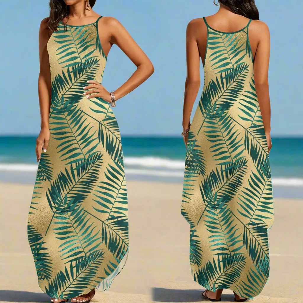 Women's Two-tone Palm Leaves Island Vibes Spaghetti Strap Long Sundress