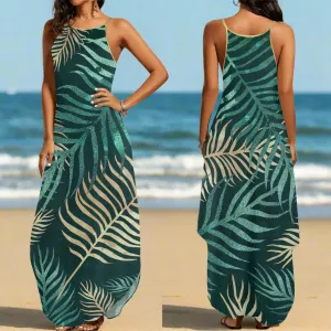 Women's Two-tone Palm Leaves Island Vibes Spaghetti Strap Long Sundress