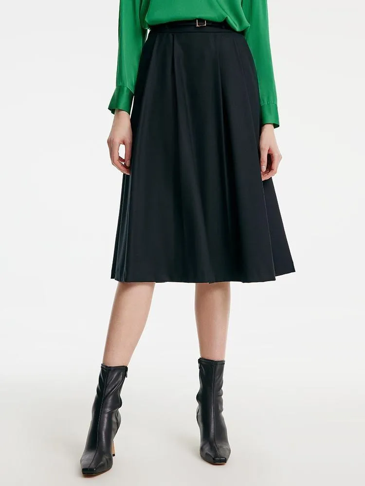 Worsted Wool A-shaped Half Skirt With Leather Belt