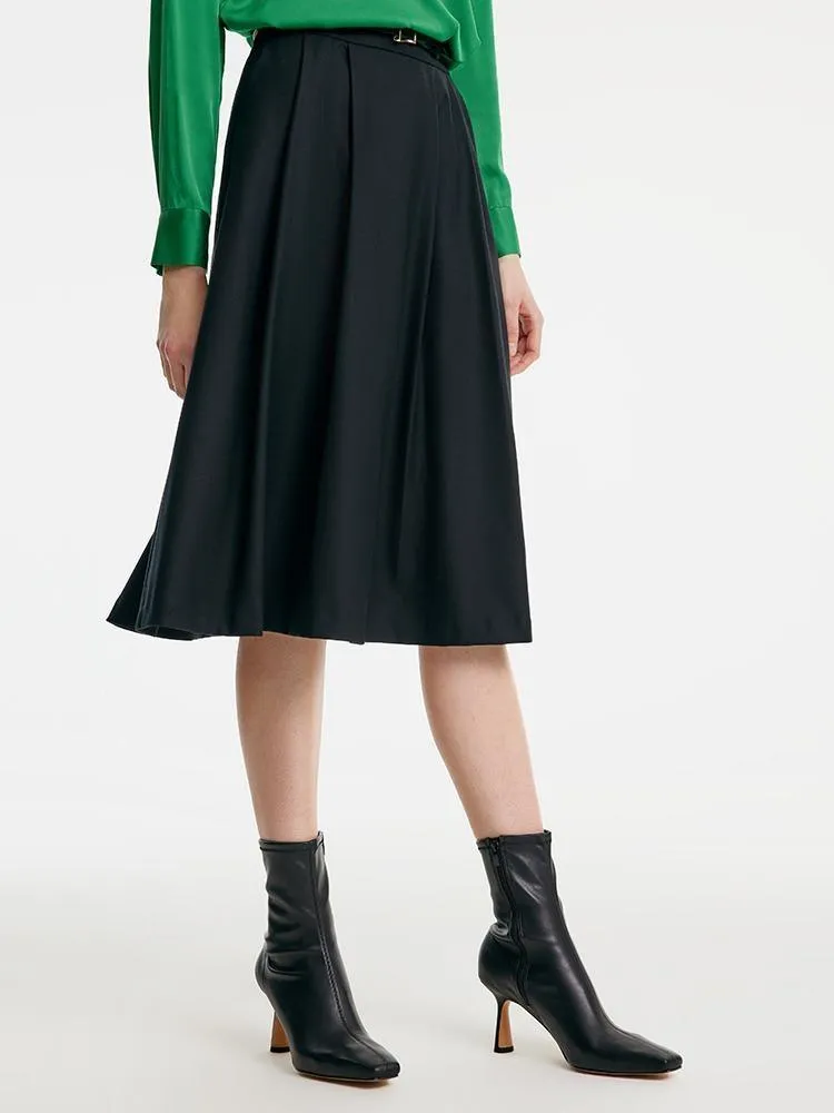 Worsted Wool A-shaped Half Skirt With Leather Belt