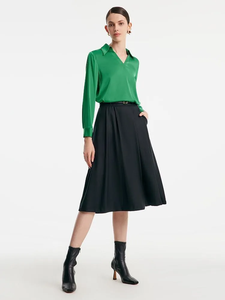 Worsted Wool A-shaped Half Skirt With Leather Belt