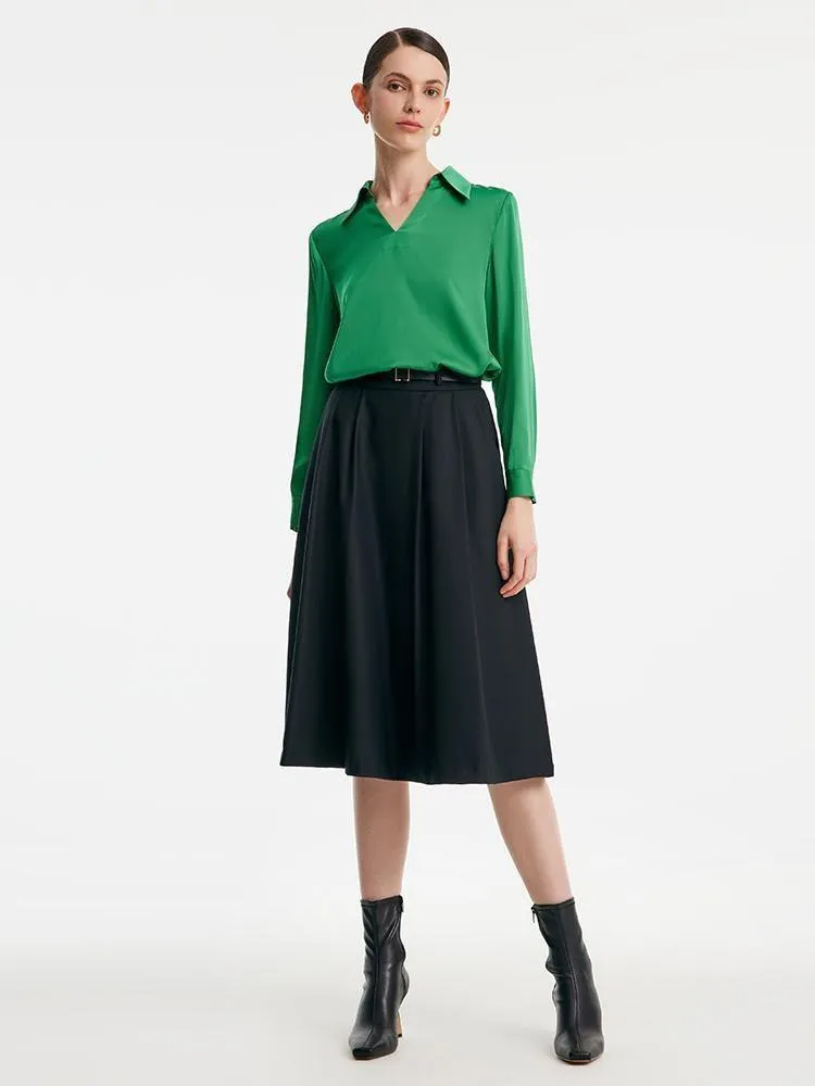 Worsted Wool A-shaped Half Skirt With Leather Belt