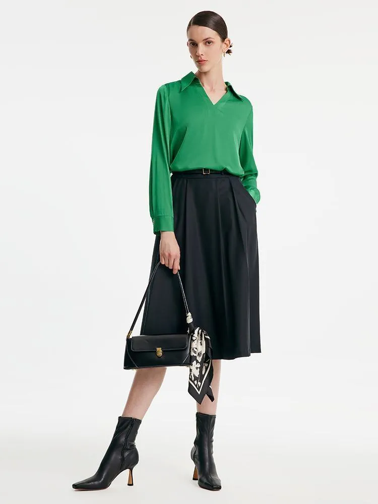 Worsted Wool A-shaped Half Skirt With Leather Belt