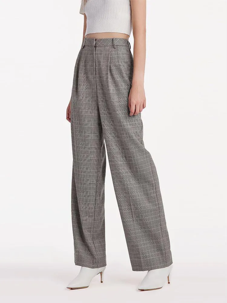 Worsted Wool Plaid Straight Full Length Pants