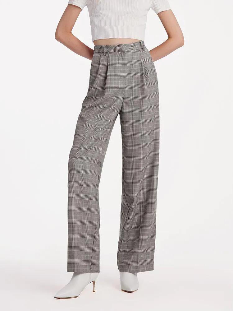 Worsted Wool Plaid Straight Full Length Pants