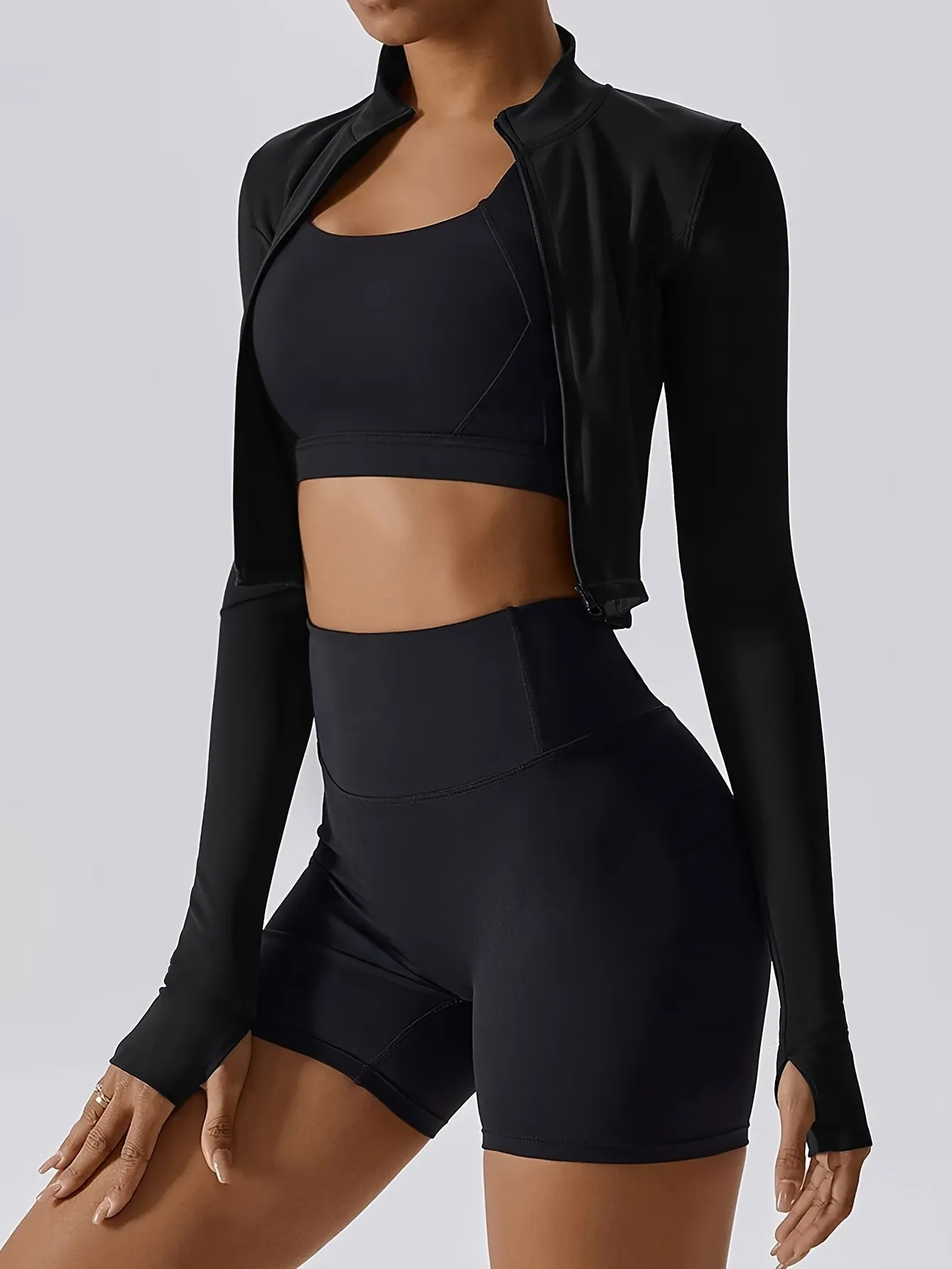 xieyinshe  Solid Color Long Sleeve Thumb Hole Yoga Jacket, Casual Sports Running Top, Women's Tops