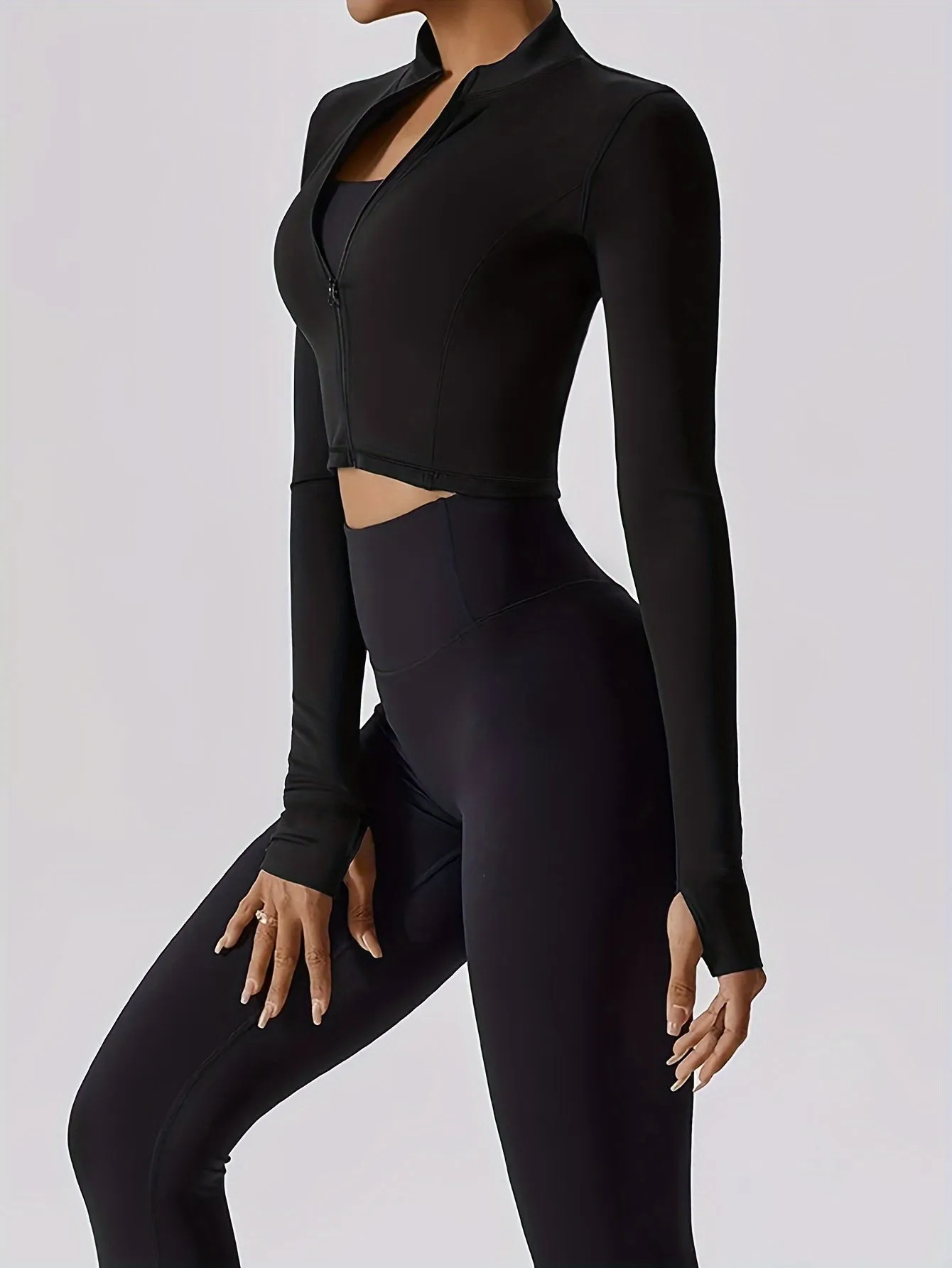 xieyinshe  Solid Color Long Sleeve Thumb Hole Yoga Jacket, Casual Sports Running Top, Women's Tops