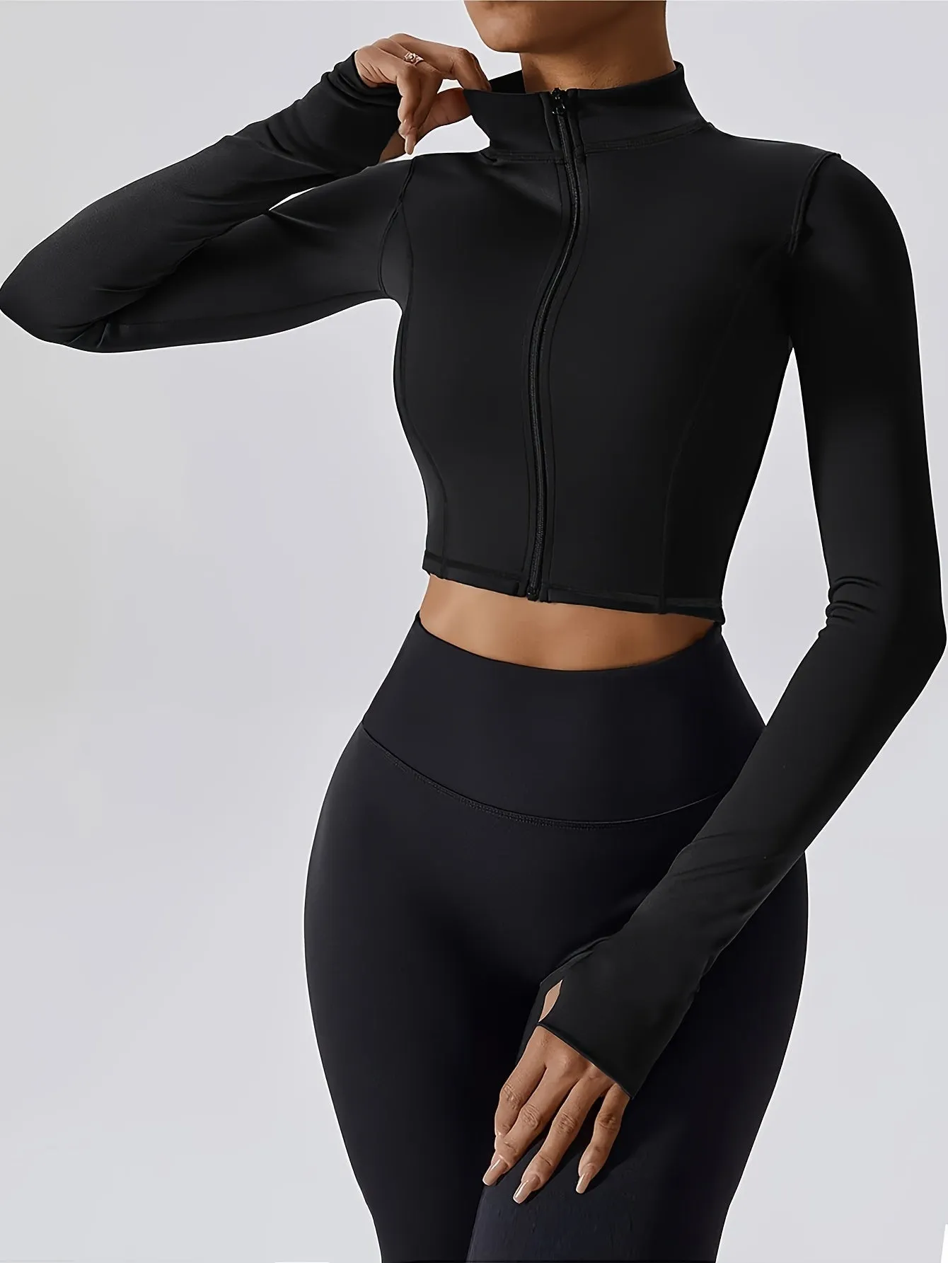 xieyinshe  Solid Color Long Sleeve Thumb Hole Yoga Jacket, Casual Sports Running Top, Women's Tops