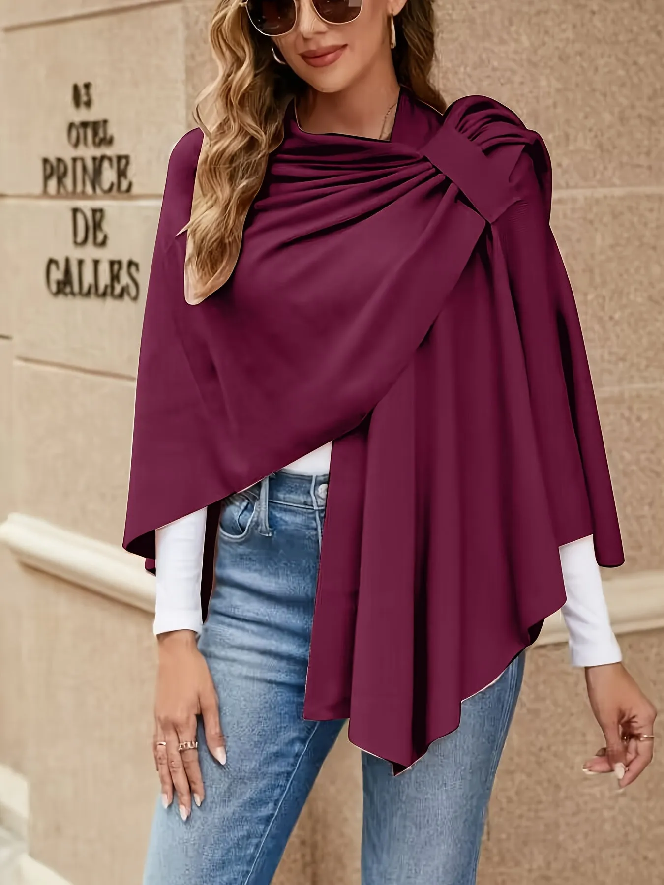 xieyinshe Solid Open Front Shawl Tunics, Elegant Versatile Tunic Tops, Women's Clothing