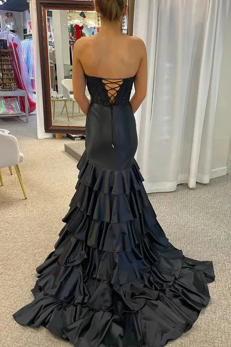 Yvonne | Charming Mermaid Strapless Pink Satin Long Prom Dresses with Appliques
